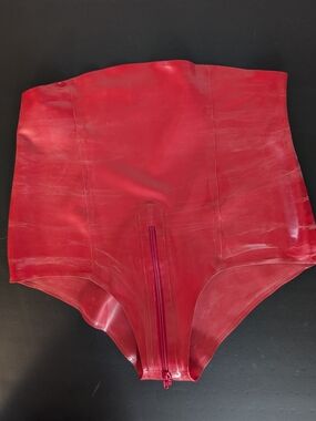 Red High-Waist Latex Briefs with Zip Around Zipper